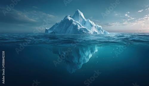 Majestic iceberg floats serenely in a vast, deep ocean, a breathtaking spectacle of nature's icy power.