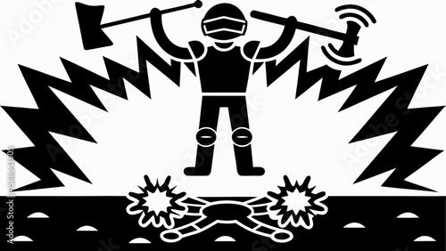 Black and white drawing of a warrior with axes standing over a destroyed object with lightning bolts silhouette