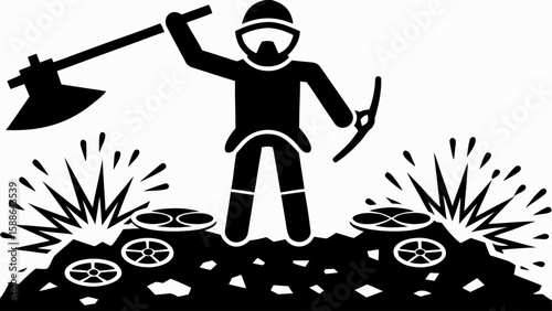 Person with axe and pickaxe working on a minefield with explosions in a black and white illustration silhouette