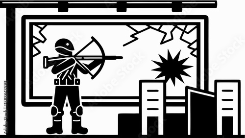 Archer in tactical gear aims crossbow in broken window with city buildings behind billboard frame silhouette