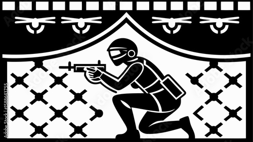 Black and white illustration of a soldier aiming a rifle with drones above and a patterned background silhouette