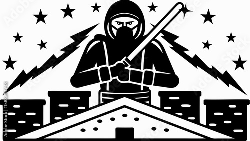 Illustration of a ninja holding a sword on a rooftop with stars and lightning in black and white style silhouette