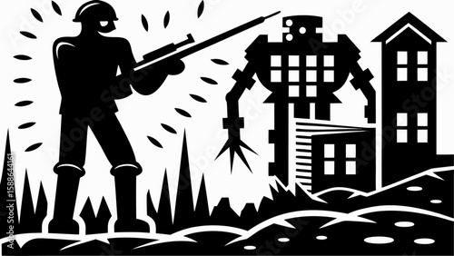 Silhouette of a soldier aiming a rifle at a robot in a city landscape with buildings and foliage
