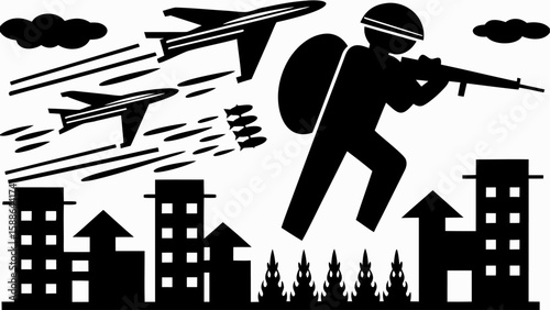 Silhouette of soldier aiming rifle with planes dropping bombs over city buildings and fire below, black and white