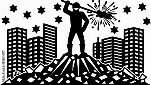 Silhouette of a figure standing on rubble with buildings and stars in the background holding a tool