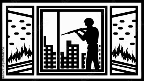 Silhouette of soldier aiming rifle with city skyline and fire in background in black and white illustration