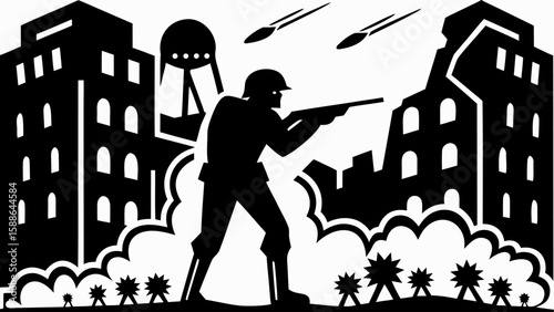 Silhouette of a soldier aiming a rifle in a war zone with buildings and explosions in black and white