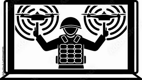 Illustration of a soldier in body armor controlling two drones on a laptop screen in black and white silhouette