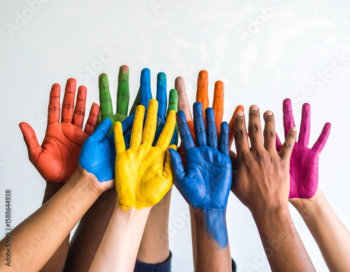 Diverse hands painted in vibrant colors raised in unity