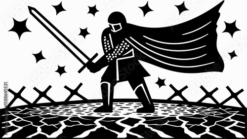 Illustration of a knight with a sword standing on cracked ground under a starry sky with obstacles ahead silhouette