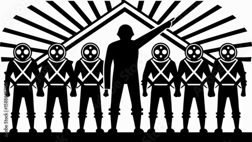 Silhouette of leader pointing with group of figures in space suits under radiating lines above them