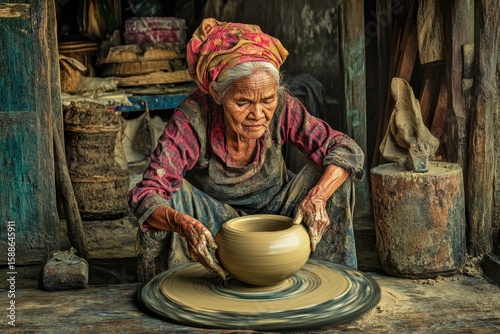 Wallpaper Mural Elderly Artisan Engaged in Traditional Pottery Craft with Clay Torontodigital.ca