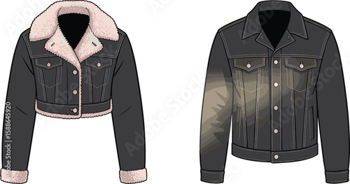 Cad Drawing Flat Vector Illustration of Black Denim Jackets with Fur Lining and Faded Wash, Fashion Design, Outerwear Template for Winter