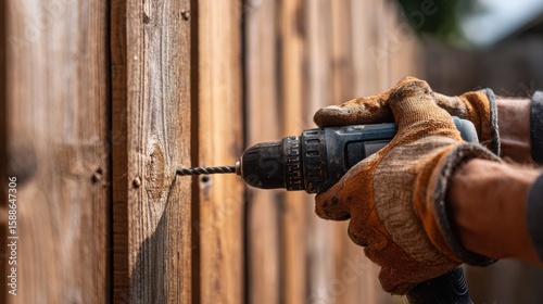 Worker drills into vertical wooden fence panel using cordless tool – focus on craftsmanship, security, access and residential protection.