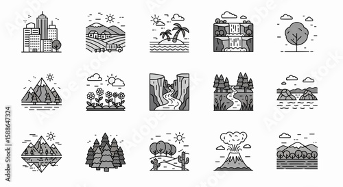 Vector Collection Urban Landscape to Forest Scenery icons , a curated set of diverse outdoor settings.