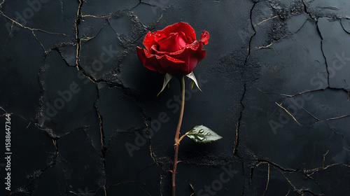 A red rose with water droplets stands against a cracked dark background