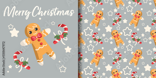Christmas holiday banner and seamless pattern of gingerbread, candy cane decor with ribbons and holly berry branch and stars on light gray background.