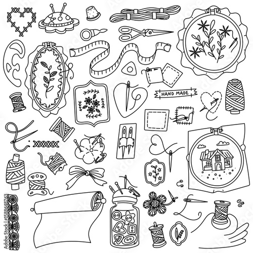set of sewing and embroidery items. Threads, needles, fabrics, embroidery hoops, buttons, scissors, patches, needle cushion. for packaging design, prints, educational materials, and instructions.