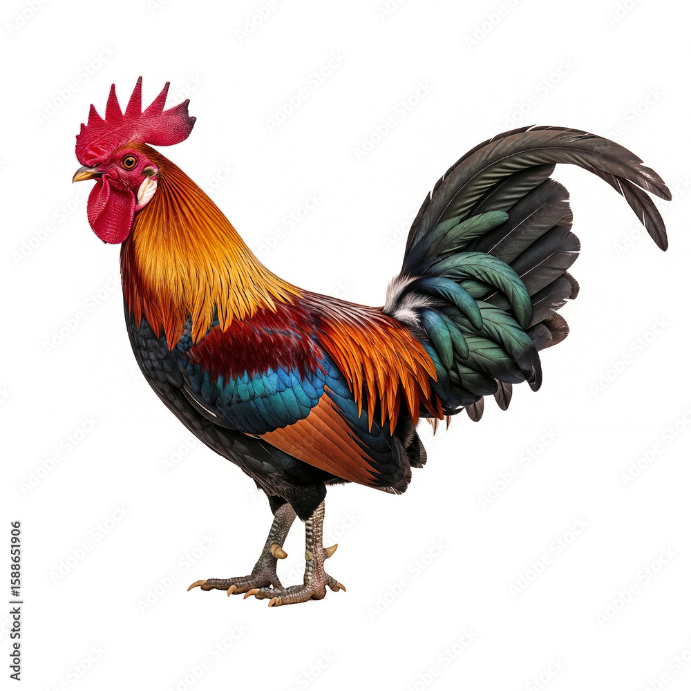 Fototapeta premium Colorful Rooster Standing on White Background, Generative AI