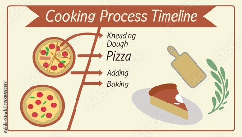 Illustration showing a pizza cooking process timeline with ingredients and preparation steps for pizza making