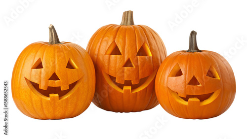 Canvastavla Three bright orange carved pumpkins glow with warm light, showing happy faces, isolated on a transparent PNG background for easy use