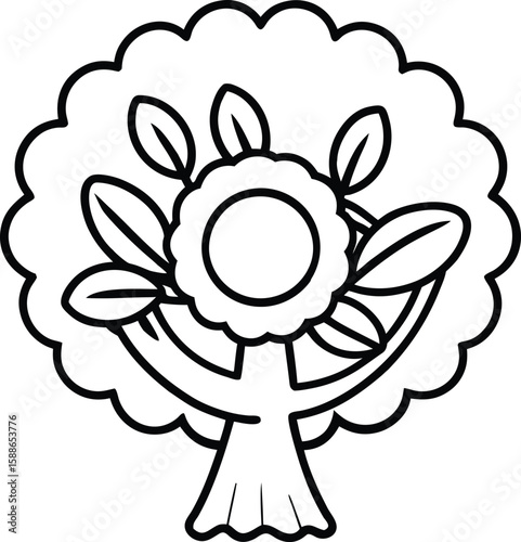 Simple outlined tree with bird nest and large leaves clean line art Vector illustration
