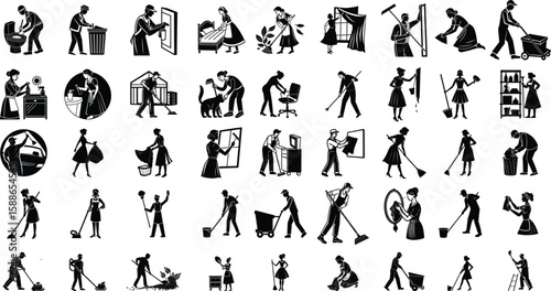 Vector Silhouette of People Cleaning, Housekeeping, and Janitor Work Icons