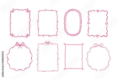 Cute hand drawn frame with ribbon and bow for wedding card or valentine menu. Pink whimsical border and decorative line by coquette doodle style. Perfect bachelorette party invitations