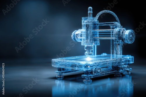 Wallpaper Mural A futuristic wireframe illustration of a CNC 3D printer emitting a blue light. The printer is in the process of creating a three-dimensional object. Torontodigital.ca