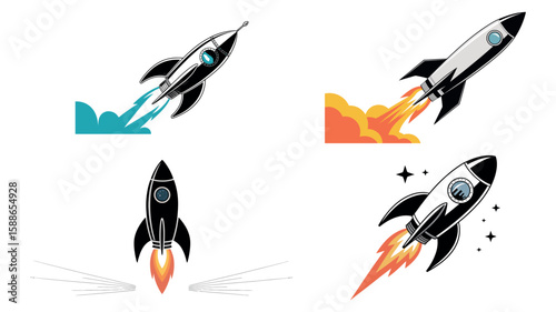 Set of cartoon rocket icons with colorful flame designs launching in different styles
