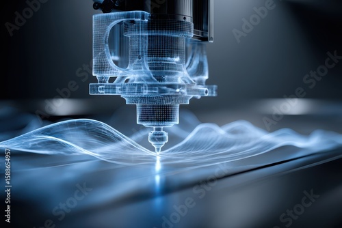 A futuristic 3D machine with a blue light emitting from it. The machine appears to be a CNC wireframe illustration.