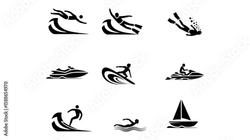 Set of black water sports icons including surfing diving and boating activities
