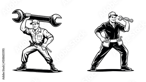 Retro style cartoon mechanics holding large tools in heroic poses
