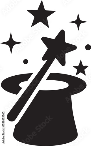 Silhouette vector of magic wand and hat. Perfect for fantasy, magician, illusion, or magical performance themes.
