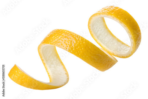 A bright yellow lemon peel spirals gracefully, appearing isolated and floating on a transparent background, perfect as a clean PNG image.