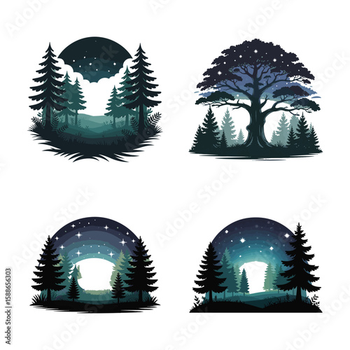 Dark forest scenes with starry night sky and trees stars