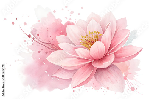 Watercolor pink lotus flower with yellow center, artistic floral illustration