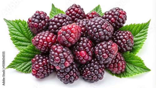 A beautiful pile of ripe and slightly unripe blackberries with green leaves