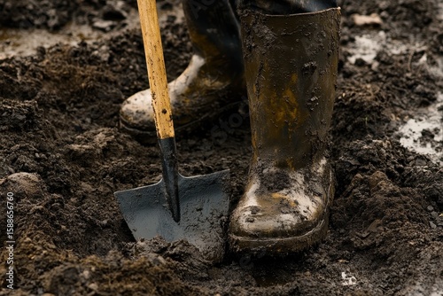 Wallpaper Mural Person in Muddy Boots Digging Soil with a Shovel in Ground Torontodigital.ca