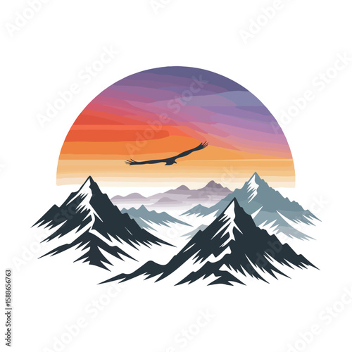 Majestic mountain range with soaring eagle at sunset bird flying