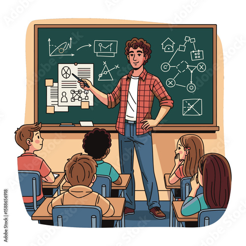 A teacher in a classroom points to a chalkboard covered with diagrams while students listen attentively.