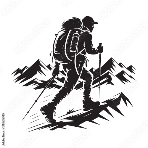 Hiker with backpack and poles on mountain peaks mountains