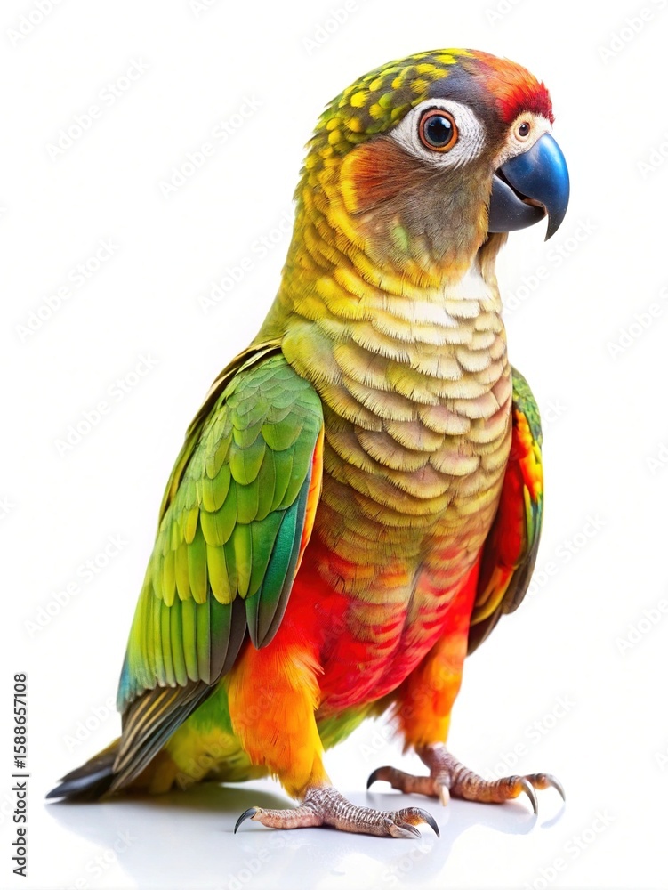 Fototapeta premium Vibrant portrait of a colorful parrot standing against a bright white background