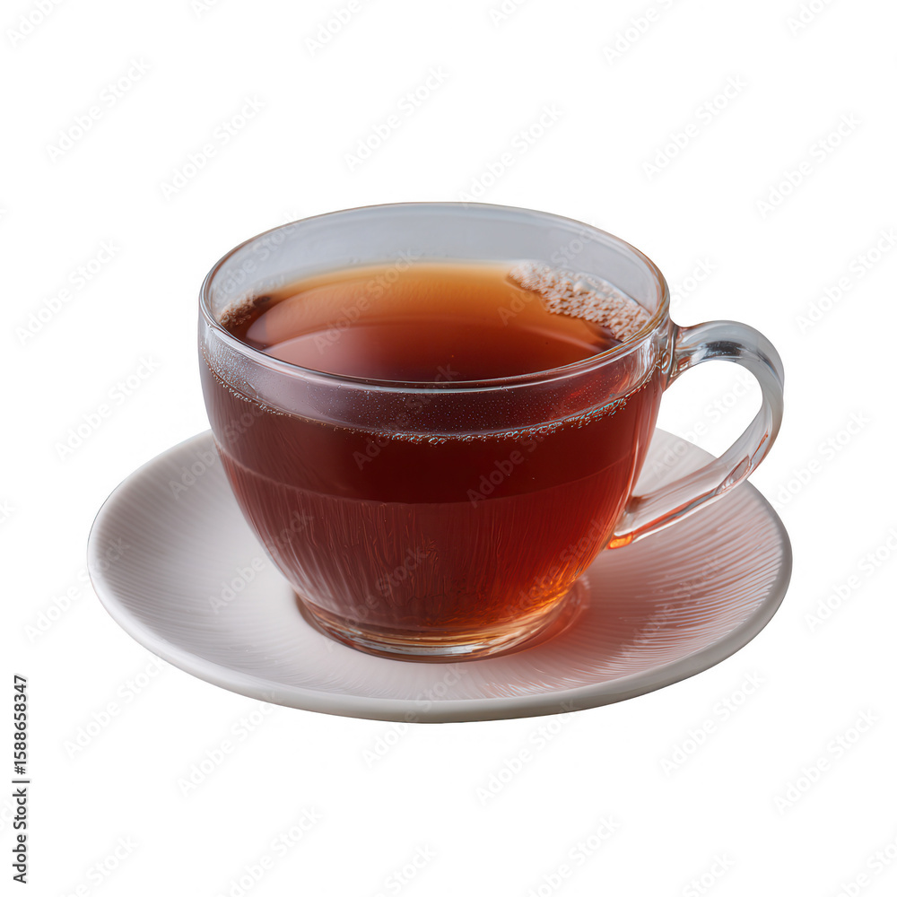 A clear glass cup filled with steaming brown tea, resting on a white saucer, isolated on a clean background for focus. Perfect for beverage-themed designs or articles. A clear glass cup filled with steaming brown tea, resting on a white saucer, isolated on a clean background for focus. Perfect for beverage-themed designs or articles.