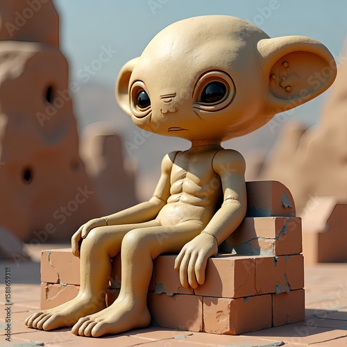 A 3D render, small, furry alien sits on a pile of bricks. The alien has a big, black eye and a small, round head. The scene is set in a desert, with a large rock in the background