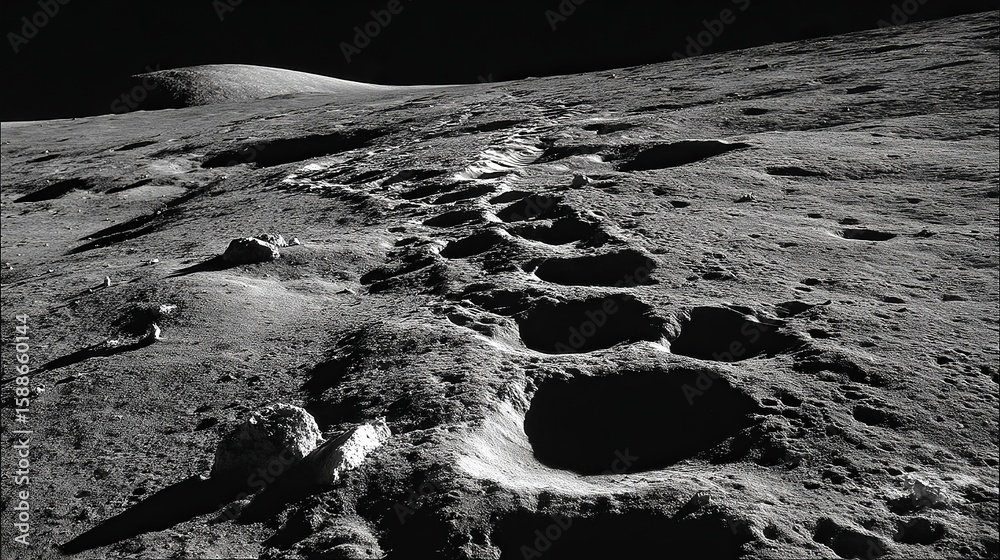 Fototapeta premium Lunar surface exploration reveals a stark landscape, with shadows highlighting craters and undulating terrain creating an alien ambiance.