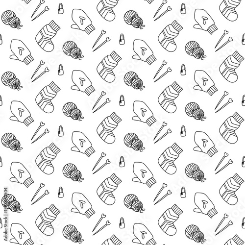 Pattern of items in the knitting theme. Knitting needles, yarn, knitted socks, knitted mittens, doodle pin black outline. Suitable for designing prints, packaging, fabrics, blogs, handmade workshops