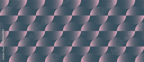 Abstract design showcases modern composition with circles divided into pink and blue tones, creating visually engaging grainy texture. Dotted halftone old fashioned chic fancy graphic abstraction