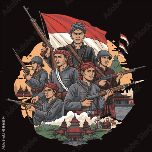 Illustration depicting Indonesian freedom fighters armed with rifles, standing in front of the Indonesian flag and traditional architecture, representing the...