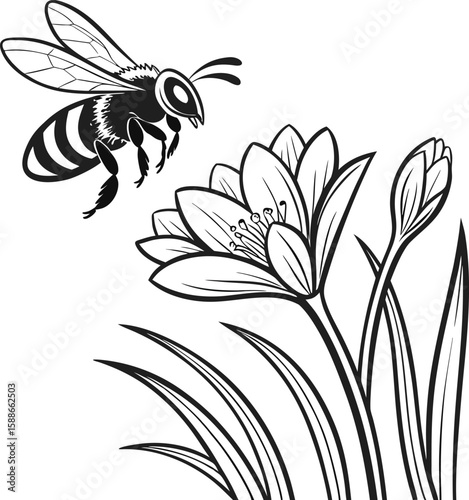A vibrant vector illustration of a bee on a floral design, perfect for spring nature artA vibrant vector illustration of a bee on a floral design, perfect for spring nature art